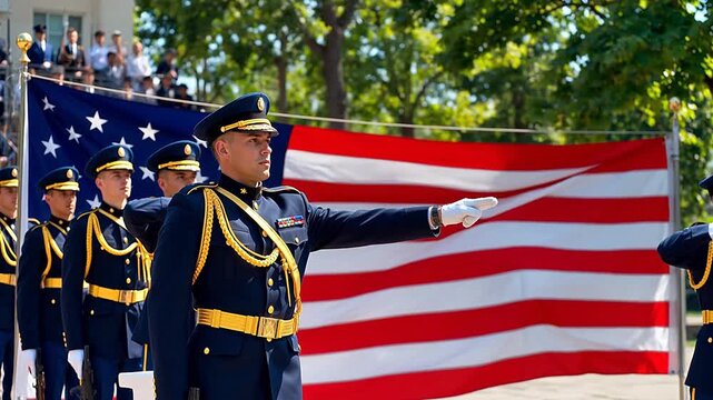 Military parade with American flag