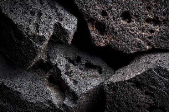 A detailed black lava stone texture with porous volcanic patterns and deep shadows, creating a bold and rugged background.