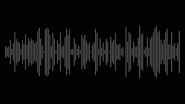 White audio waveform spectrum animation on black background. Lines audio wave spectrum. Music waves oscillation modern. Dynamic equalizer simple sound waves. Soundtrack audio waveform equalizer.
