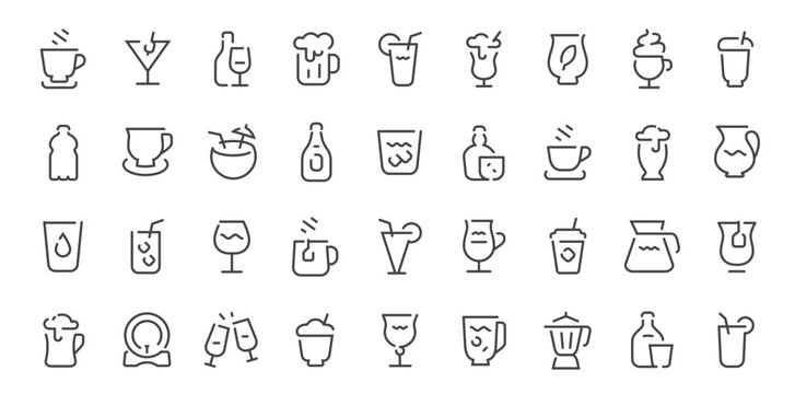 Drinks line icons set. Beverage and cafe outline vector symbols collection