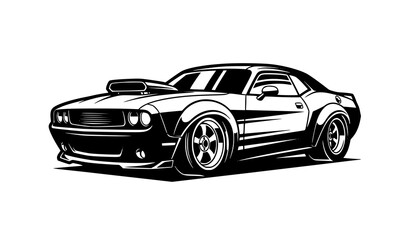 Naklejka premium Retro muscle car logo badge vector with powerful performance vehicle silhouette