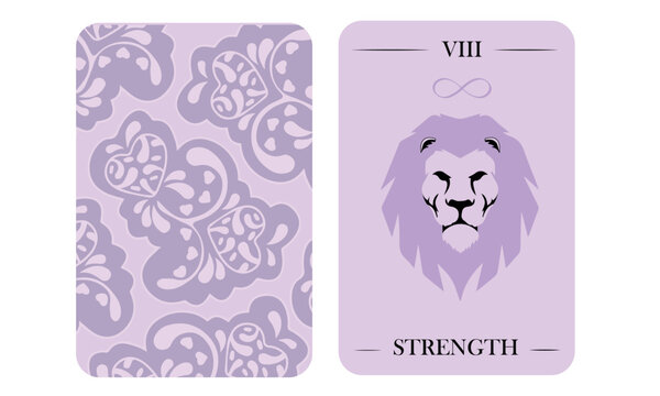 Strength Tarot Card Vector Illustration &ndash; Major Arcana VIII Mystical Purple Tarot Deck Design