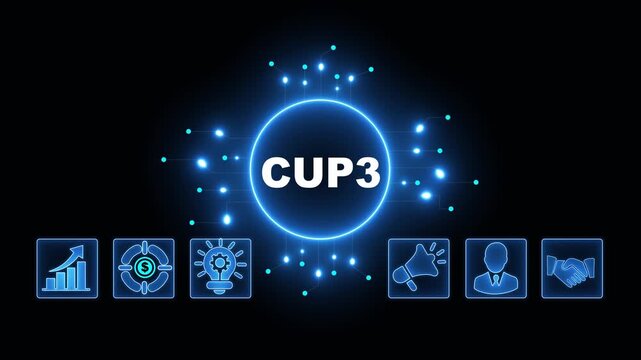 CUP3 Acronym on Central Circuit Board. Digital Data Neon Circuit Board Concept. Idea, Growth, Target, Marketing, Lock, and Person Icons. Digital Technology Blue Background. 4k Video