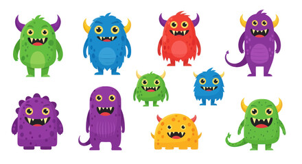 Fototapeta premium Cute Cartoon Monsters Collection - Funny Creatures with Big Eyes and Horns