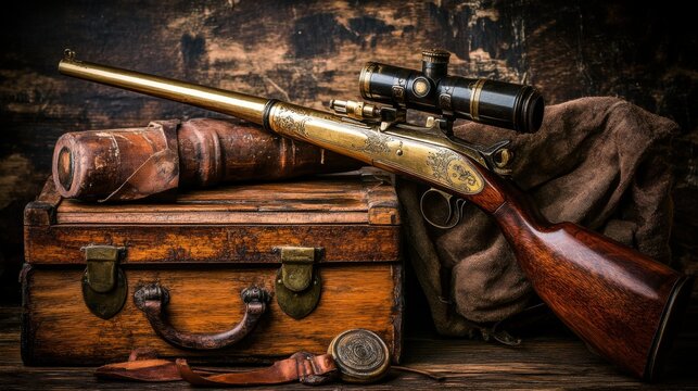Vintage Rifle and Accessories on a Wooden Chest