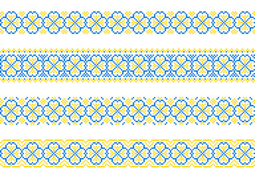 Seamless folk embroidery borders set, blue and yellow geometric cross stitch pattern isolated on white, vector Ukrainian Vyshyvanka ornaments