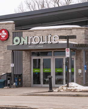 Onroute west lorne travel plaza entrance in winter in Canada highway