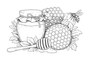 Hand drawn honey jar with honeycomb and bee dipper © Md
