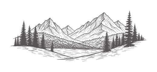 Hand drawn mountain range with pine forest and lake landscape nature © Md