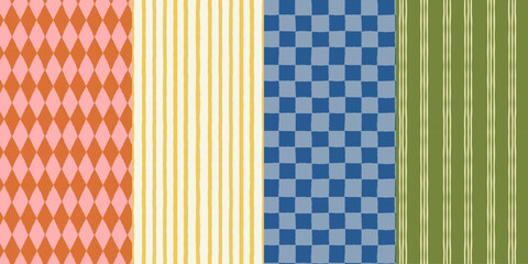 Fototapeta premium Vector hand drawn seamless patterns in simple doodle sketchy wavy and groovy naive style, dopamine and cottage core aesthetic, delicate gentle girlie backgrounds surface design, striped and checkered