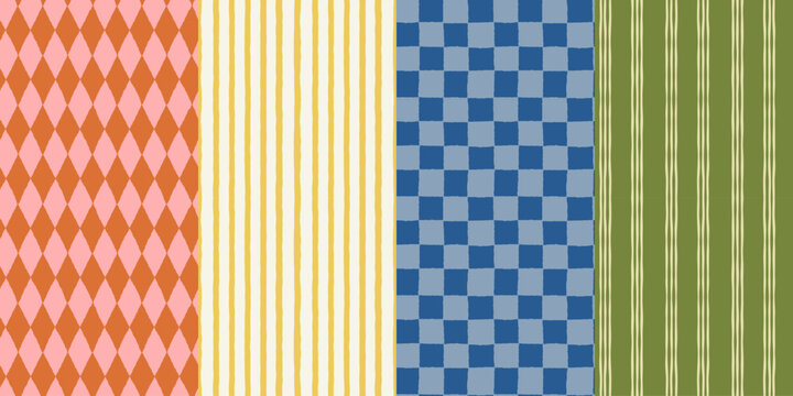 Vector hand drawn seamless patterns in simple doodle sketchy wavy and groovy naive style, dopamine and cottage core aesthetic, delicate gentle girlie backgrounds surface design, striped and checkered