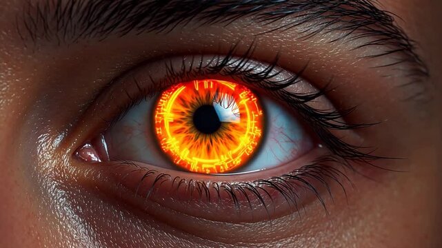 Closeup of an eye with glowing orange pupil