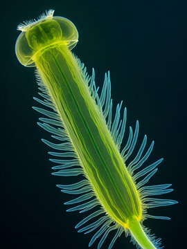 Microscopic view of a rotifer under fluorescence microscopy, highlighting its translucent body and ciliated appendages.