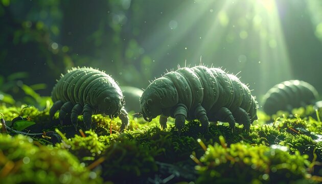 Two Tiny Tardigrades Crawling on Lush Green Moss in a Sunlit Forest Environment