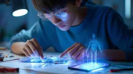 asian teenage boy assembling electronic circuit on desk humanoid ai hologram projecting from smartphone guiding step by step glowing interface futuristic education concept