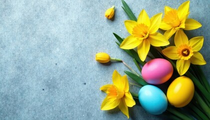 Fototapeta premium Brightly colored eggs and daffodils arranged on a textured concrete surface , grey, still life