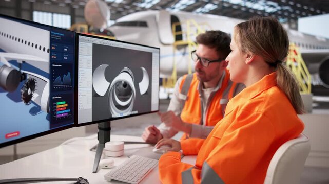 Aerospace Engineer Examines Computer Designs Of Aircraft Parts