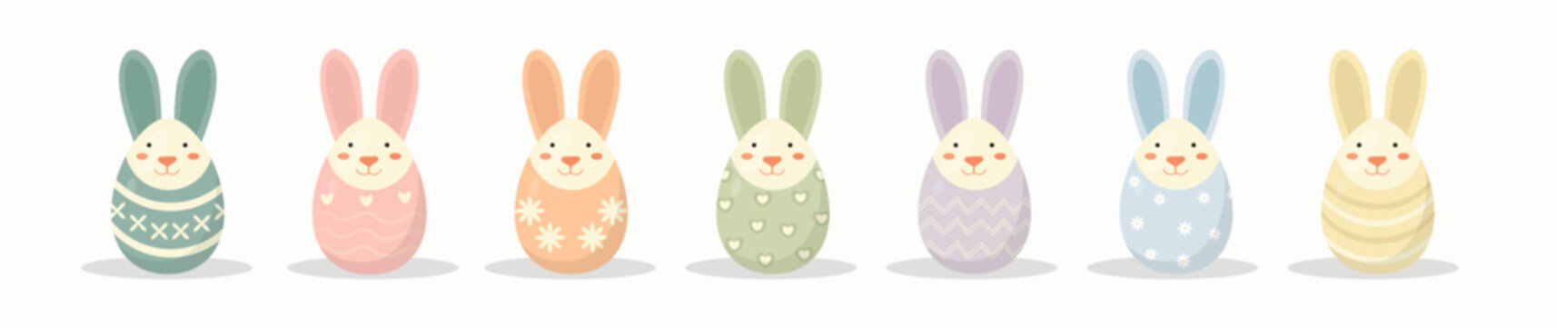 Cute Bunny Easter Egg Collection in Pastel Colors Vector Set for Holiday Greeting Cards, vector illustration.