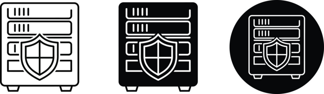 Three variations of a shield protected server cabinet icon