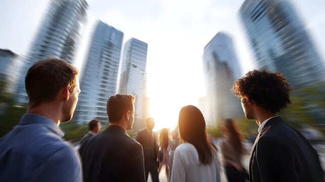 A diverse group of professionals in a dynamic city looking up at modern skyscrapers under bright sunlight