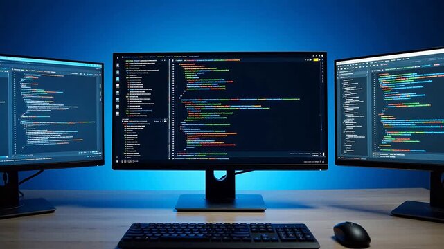 Three computer monitors displaying code