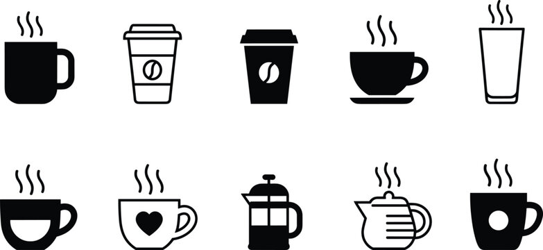 Coffee cup icon set with steaming mugs, takeaway cups and french press silhouettes, hot beverage vector collection for cafe menu, coffee shop branding and drink symbols