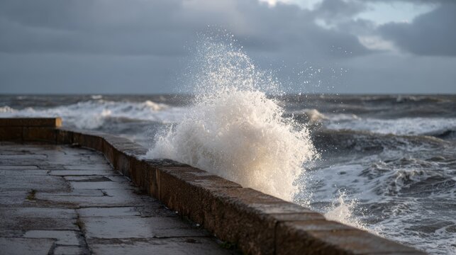 Ocean waves crashing against a stone seawall during a cloudy day, with splashes of water visible against the backdrop of the turbulent sea