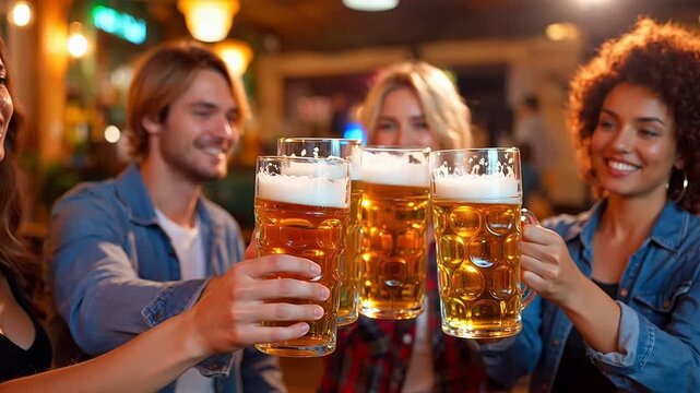 Friends clinking beer mugs in bar