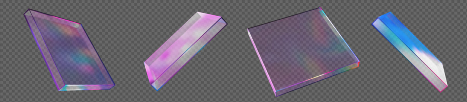 3d glass transparent rectangle, podium or shape element with different angles. Holographic square figure. Y2k neon abstract element. Gradient mesh. Stock vector illustration on isolated background