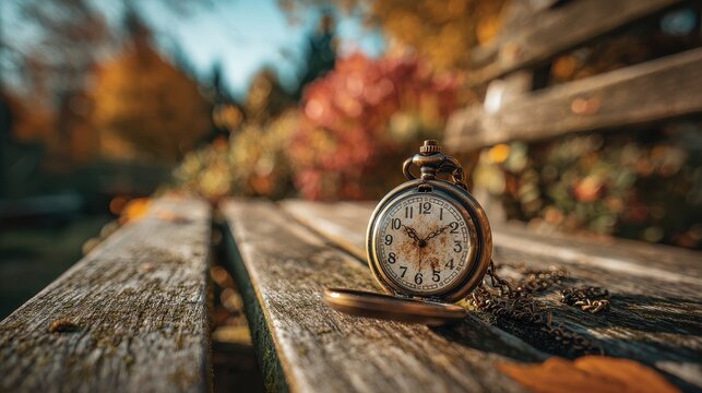 Vintage Taschenuhr auf einer Holzbank, Herbstlaub im warmen Licht, Symbol der Zeit