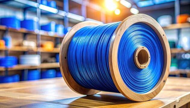 Large Spool of High-Strength Blue Polymer Cable Wound Tightly in Industrial Warehouse Setting