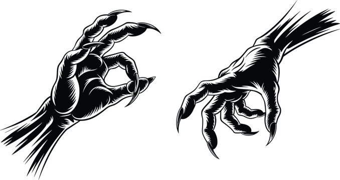 Dark gothic clawed hands illustration with sharp nails forming eerie gestures, horror monster hand silhouette vector isolated for tattoo, halloween, spooky design concept