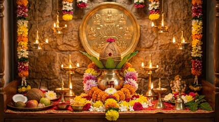 Fototapeta premium Akshaya Tritiya Celebration with Kalash, Diyas, and Floral Festive Decorations..