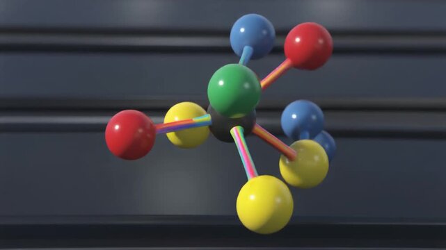Molecular model with central green sphere connected to eight colored atoms, rods forming bonds, geometric arrangement, symbolism of chemistry, atomic bonding, coordination complex, scientific visualiz