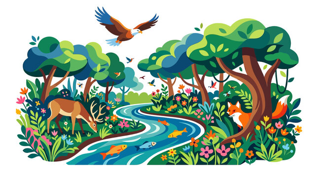 A vibrant, stylized illustration of a lush forest ecosystem with a winding river, diverse wildlife including deer, fox, eagle, and fish, surrounded by abundant trees and colorful flowers.