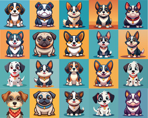 Naklejka premium Vector dogs bundle, different dog illustrations with background, set of cartoon dog icons