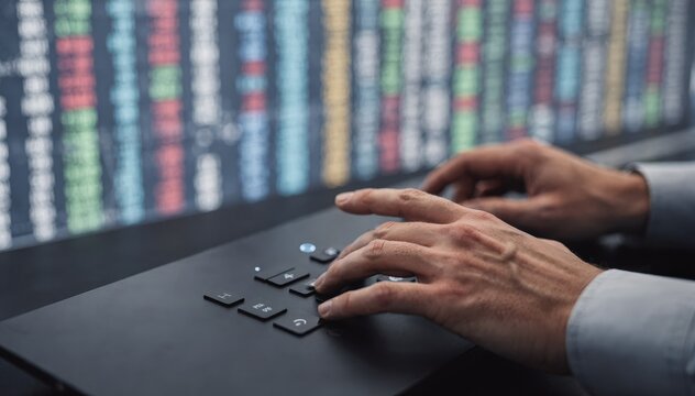 Close medium shot of algorithm selection on a trading terminal with emphasis on traders fingers navigating options blurred depthofmarket charts behind.