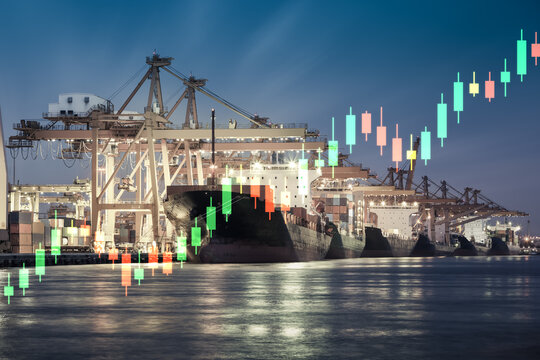 Rising market trend in shipping and logistics transportation industry, cargo vessel operating with cranes at port in Bangkok, Thailand. Symbolizing growth in economic, expanding commerce.