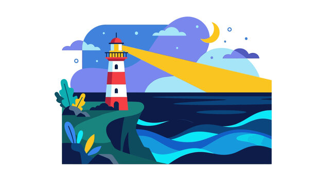 Vibrant flat illustration of a red and white striped lighthouse on a dark cliff, shining a bright yellow beam across the deep blue ocean at night under a crescent moon and starry sky.