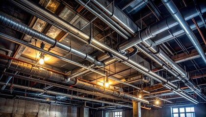 Fototapeta premium Intricate Network of Industrial Metal Pipes and Ducts on a Textured Ceiling in a Raw Interior Space