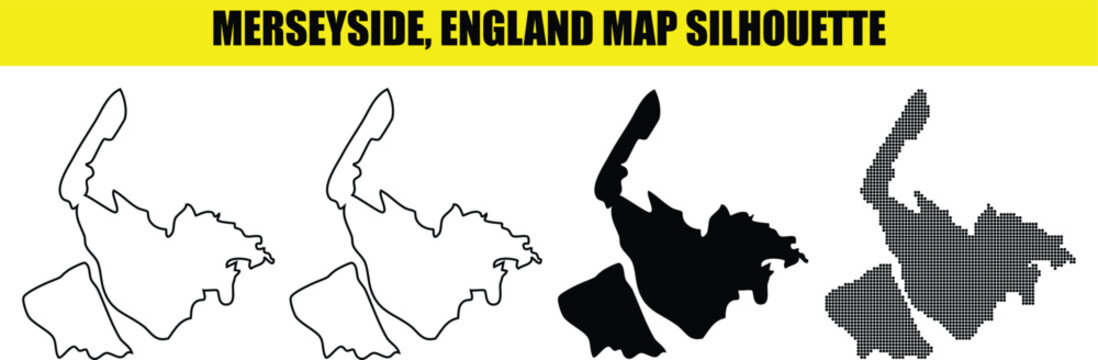 Merseyside england map silhouette illustration vector different styles white outline black filled dotted graphic