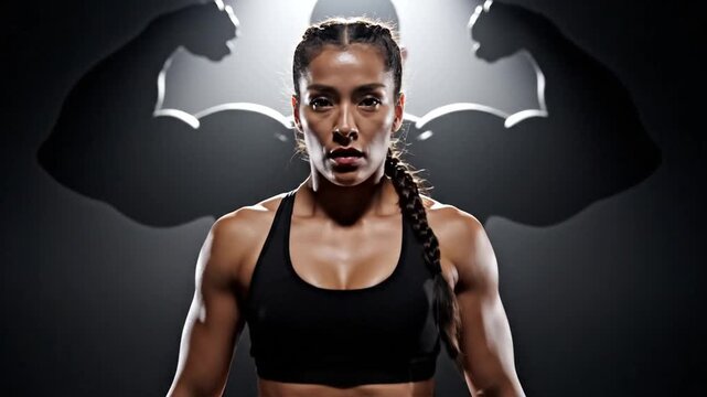 Powerful muscular athlete performs on stage under dramatic spotlight.