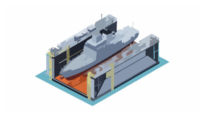 Isometric floating dry dock with warship vector illustration for technical shipyard and maritime education © Hazara
