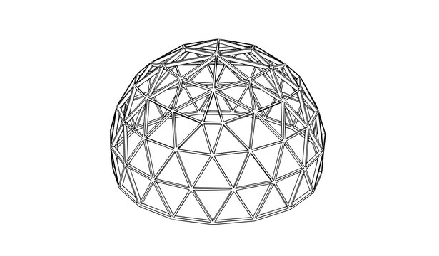Isometric hand-drawn line art vector of geodesic dome with geometric triangular panels for architecture and design
