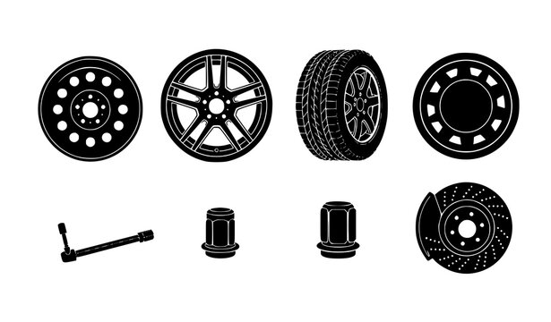 Black silhouette vector set of car wheels, tires, rims, and automotive parts for automotive illustrations