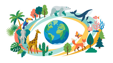 Fototapeta premium Illustration depicting global biodiversity with various animals, plants, and ecosystems surrounding the Earth, symbolizing environmental protection and nature's interconnectedness.