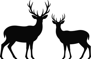 Obraz premium Two Deer Silhouettes with Large Antlers Standing Together, Majestic Stag Wildlife Vector Illustration, Forest Animal Design Isolated on Light Background for Nature and Hunting Themes