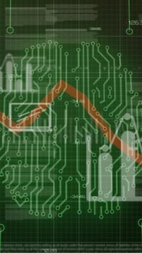 Vertical video: Red zigzag line appearing, rising then falling, circuitry forming market dashboard