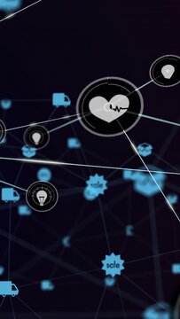 Floating connected icon cluster moving through dark network, linking heart HUD, packages, trucks