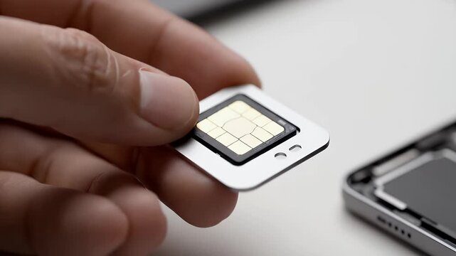 Closeup Hands Installing Nano SIM Card into Smartphone Tray